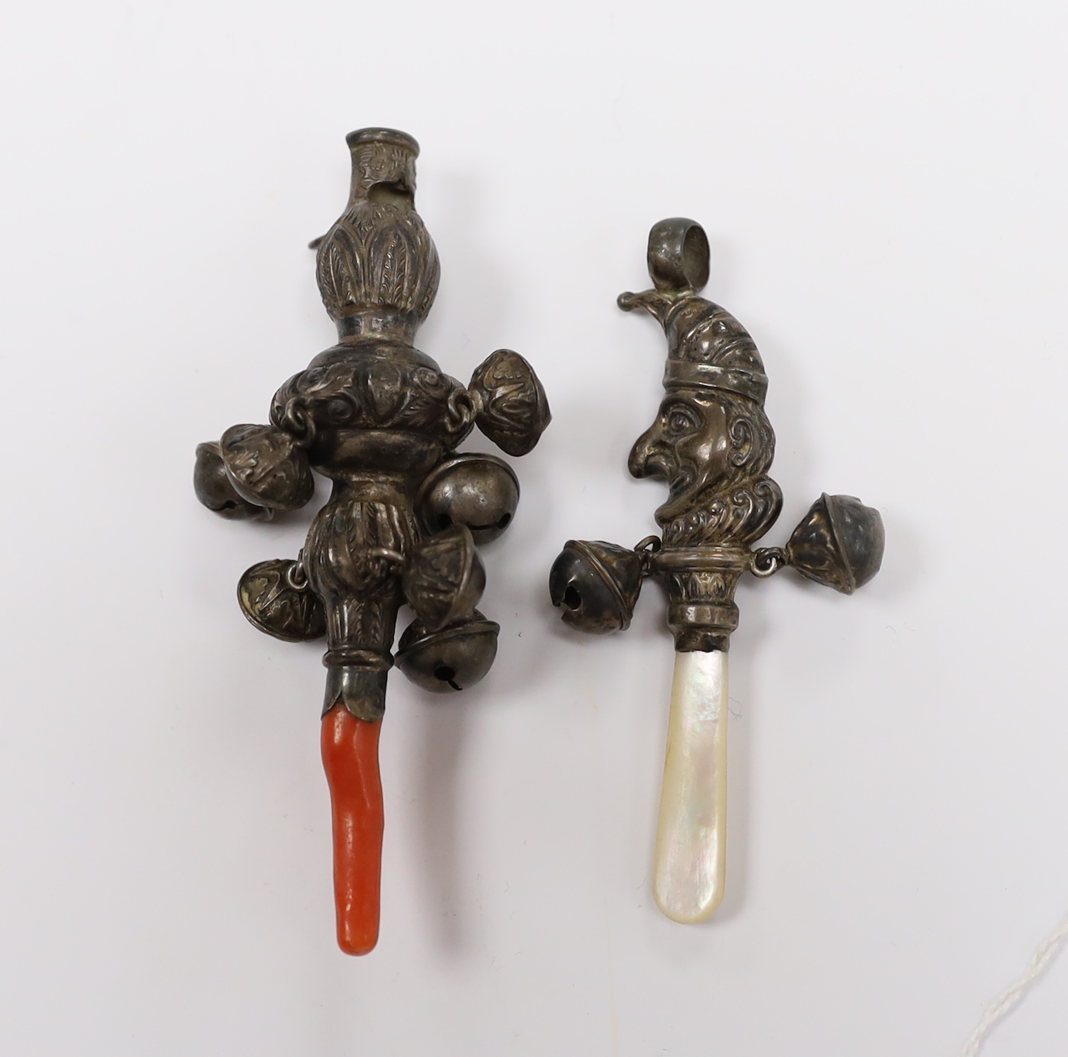 Two child's silver rattles, including George V Mr Punch, with mother of pearl teether, by Crisford & Norris, 86mm.